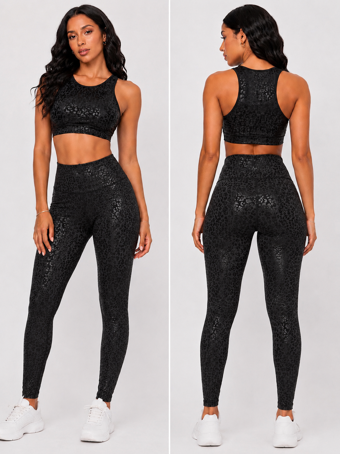 Glossy Black Leopard crop workout set