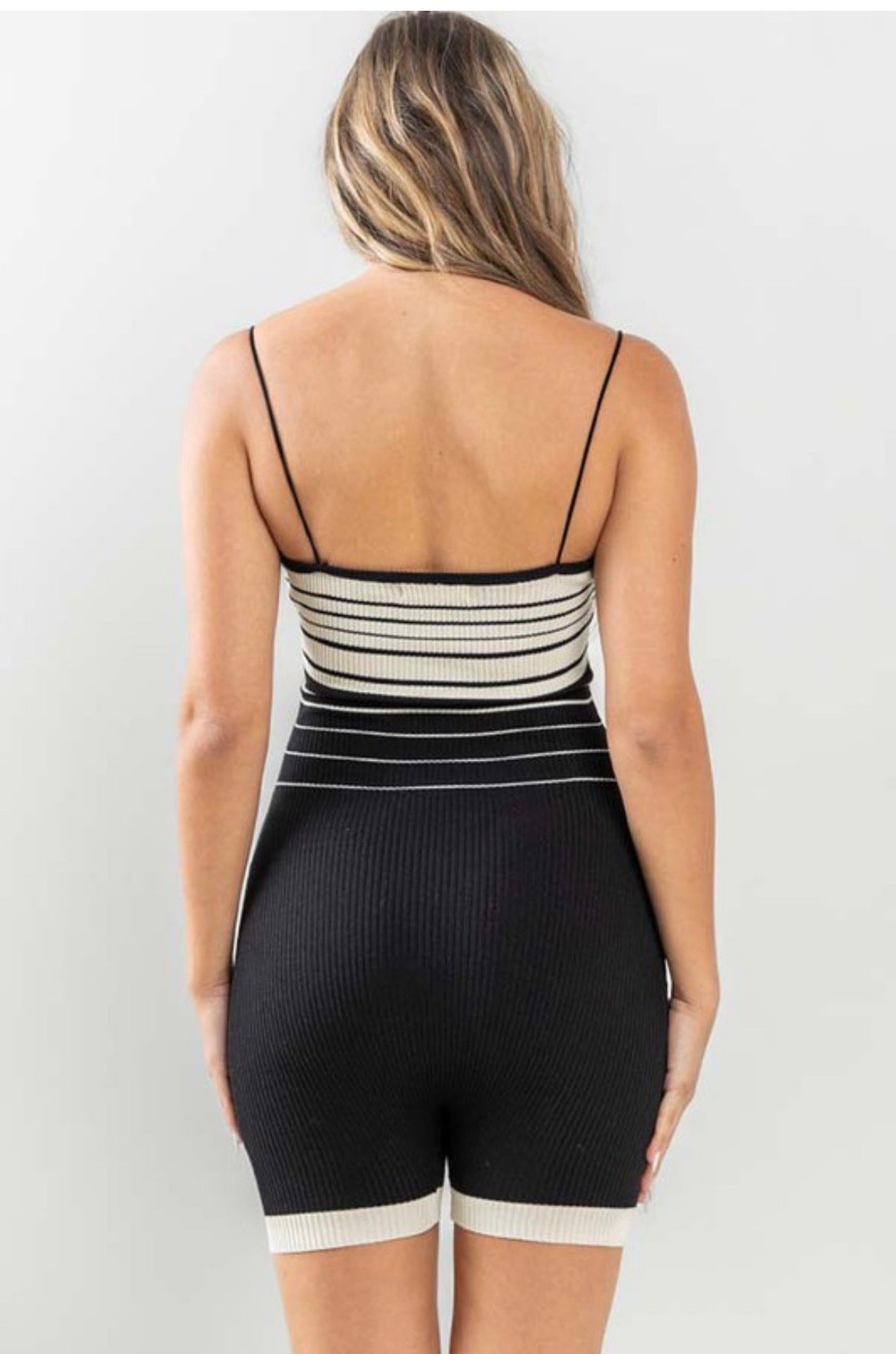 Black Striped Ribbed Romper