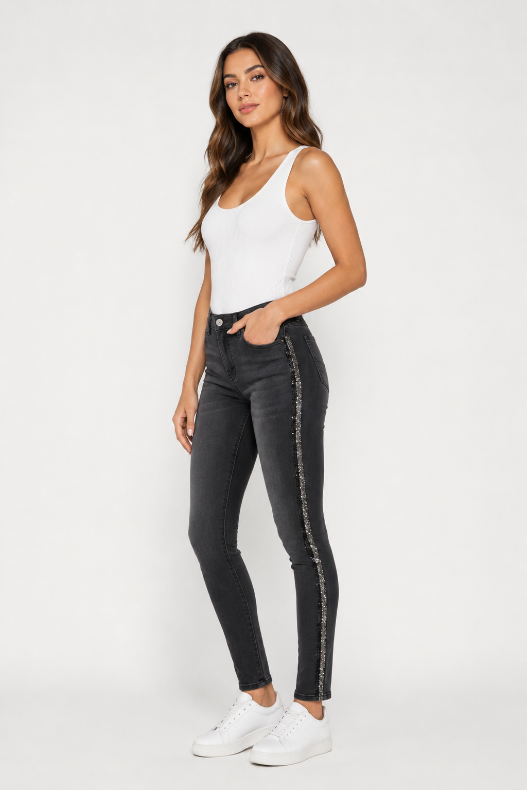 Grey Two Tone Crystal Stripe Rhinestone Skinny Jeans