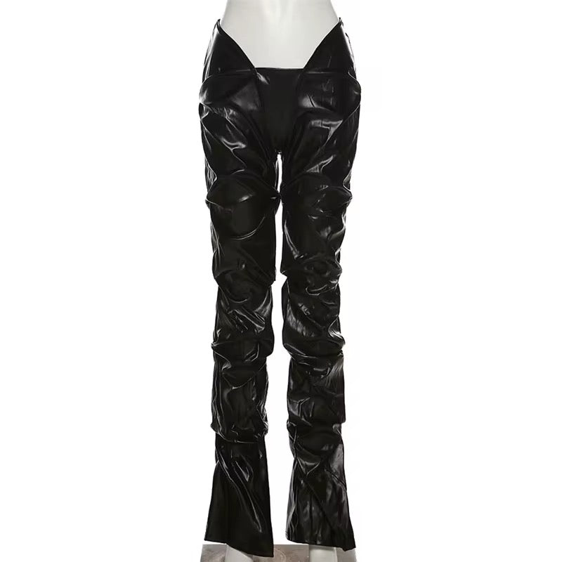 Black Vegan Leather Runched Pants