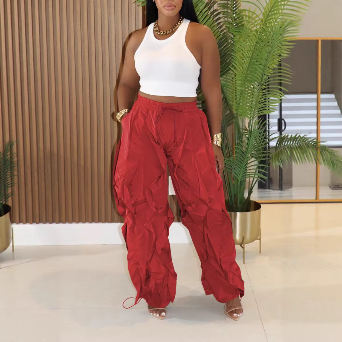 Red drawstring ruffle Pants