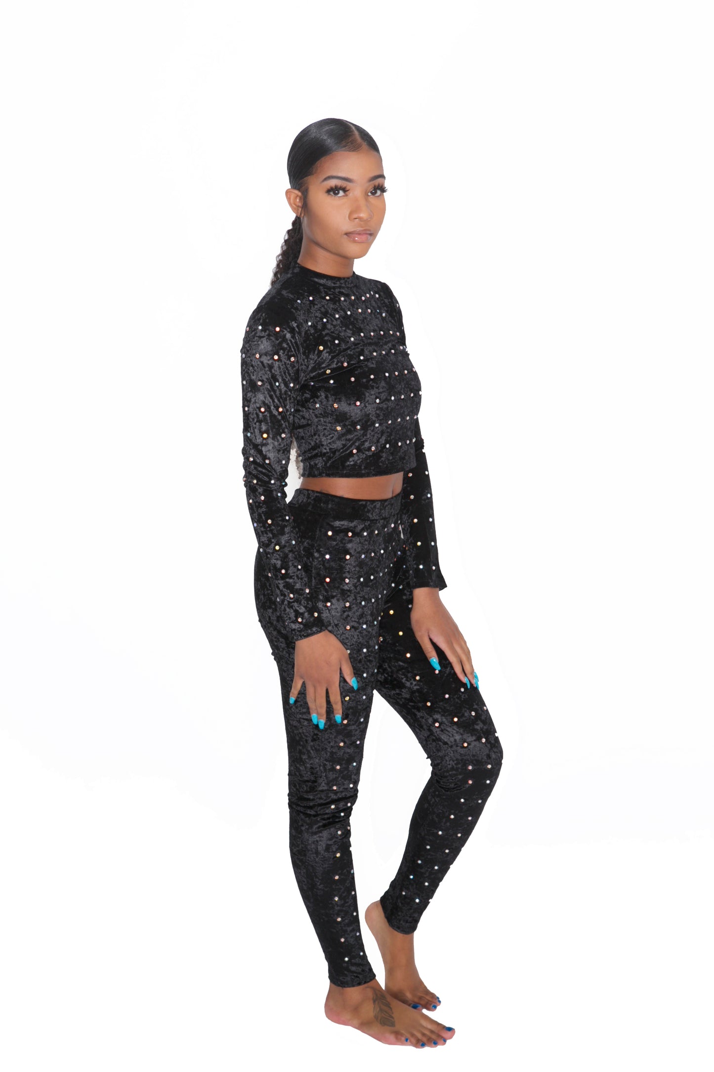 Black Studded Crushed Velvet Two Piece Set