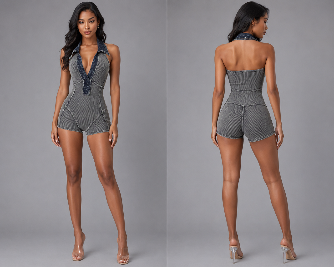 Denim Mineral Wash Halter Ribbed Romper