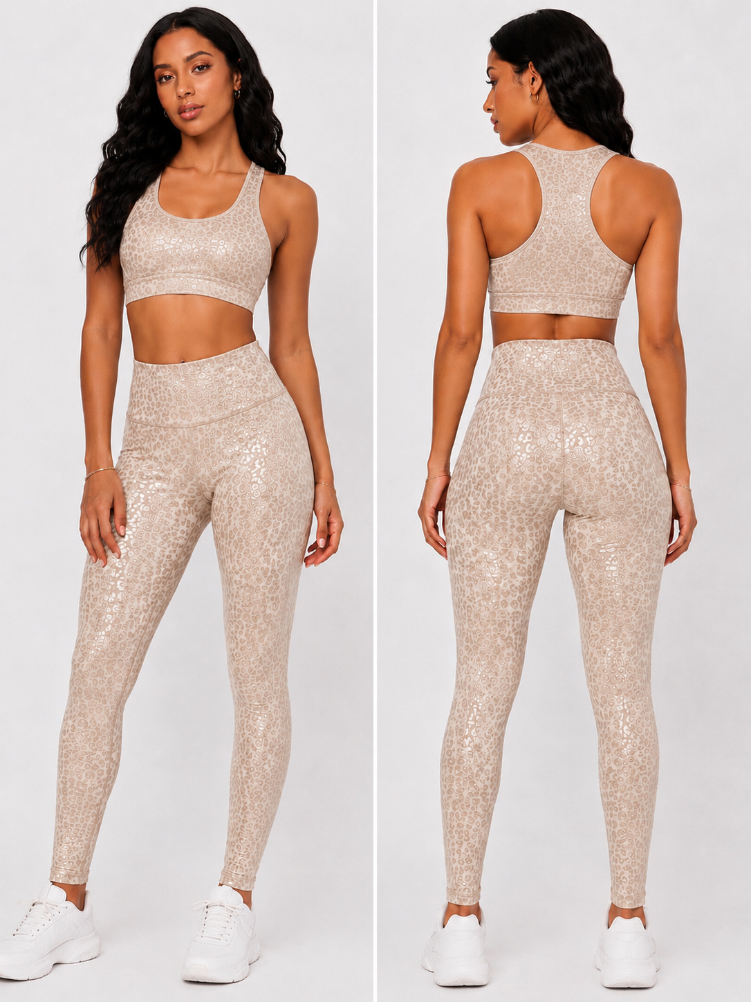 Glossy Tan Leopard crop workout set
