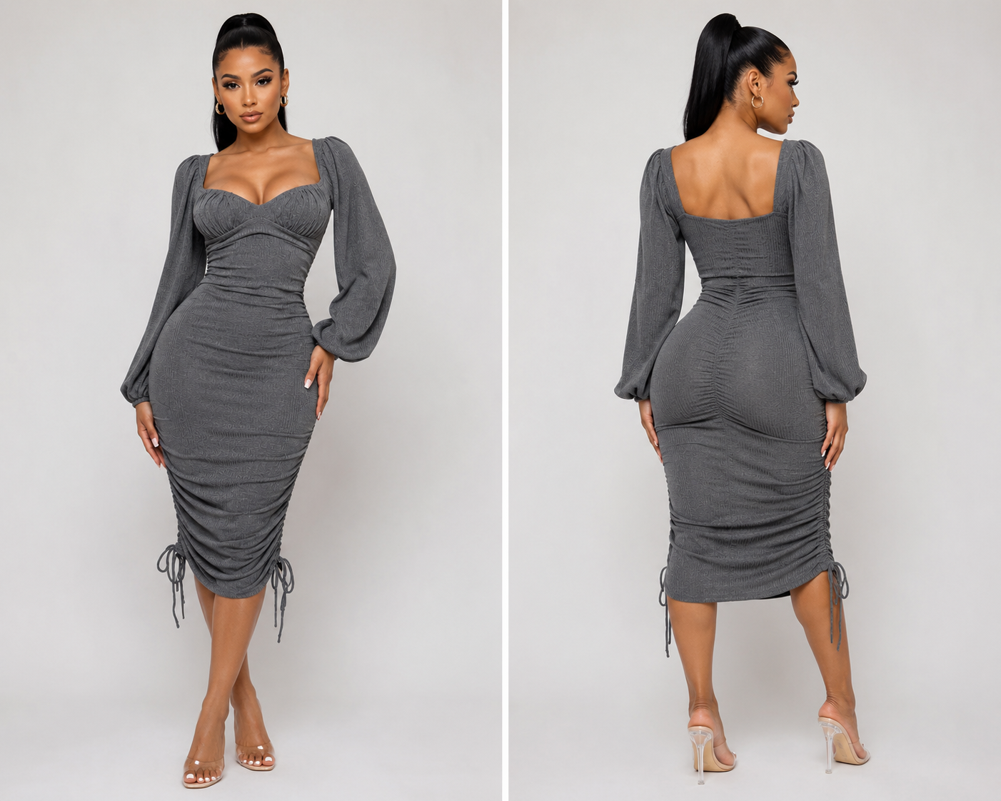 Grey Peplum Long sleeve Runch Dress