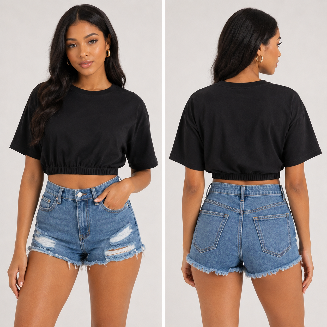Black smocked Crop Tee