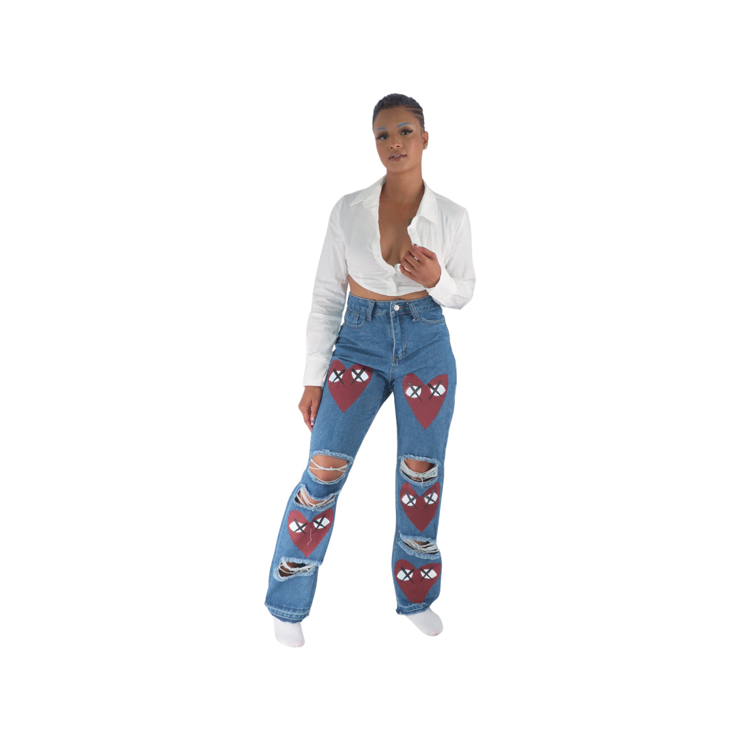 Cutout Red Eye Heart Ripped Jeans