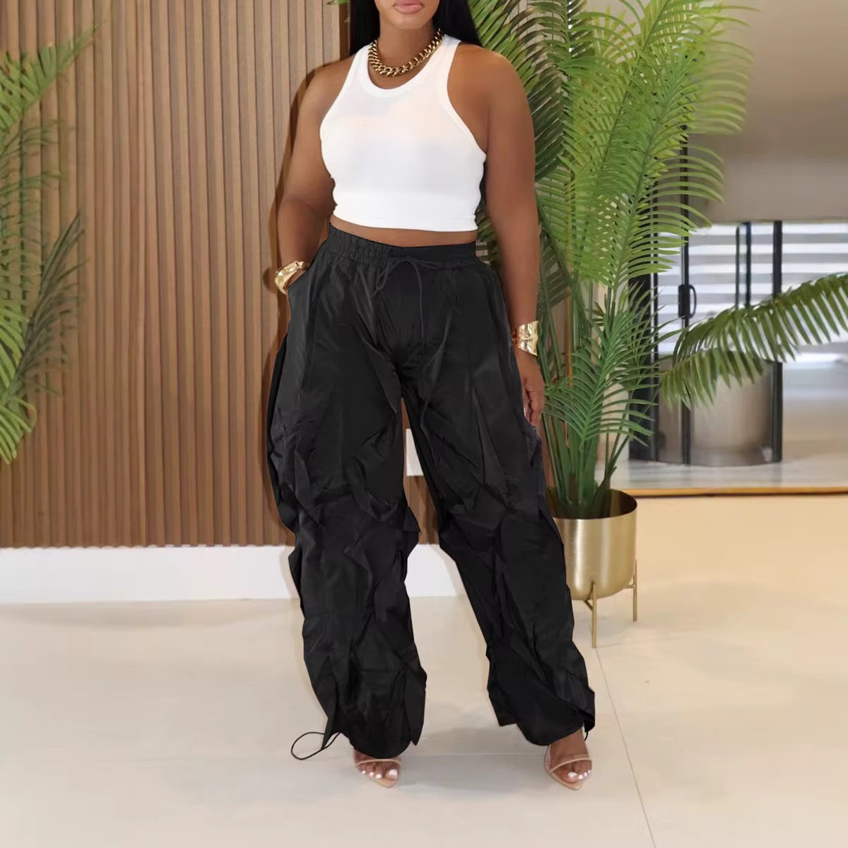 Black drawstring ruffle Pants