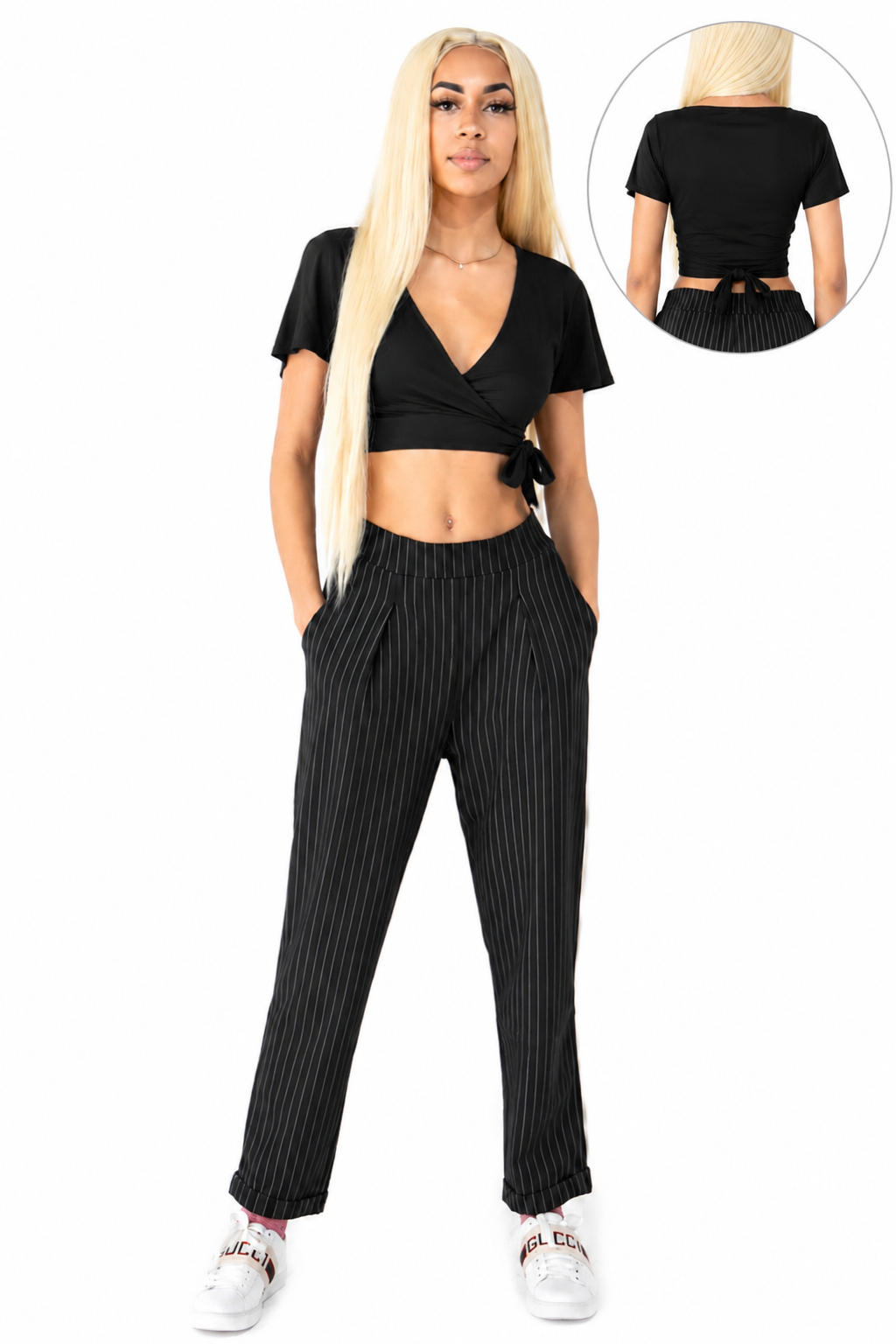 Black Wrap Around Short Sleeve Crop Top