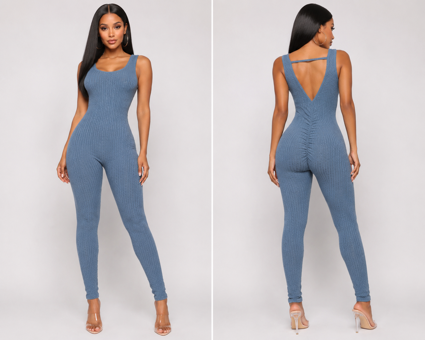 Dusty Blue Cable Ribbed Backless Jumpsuit