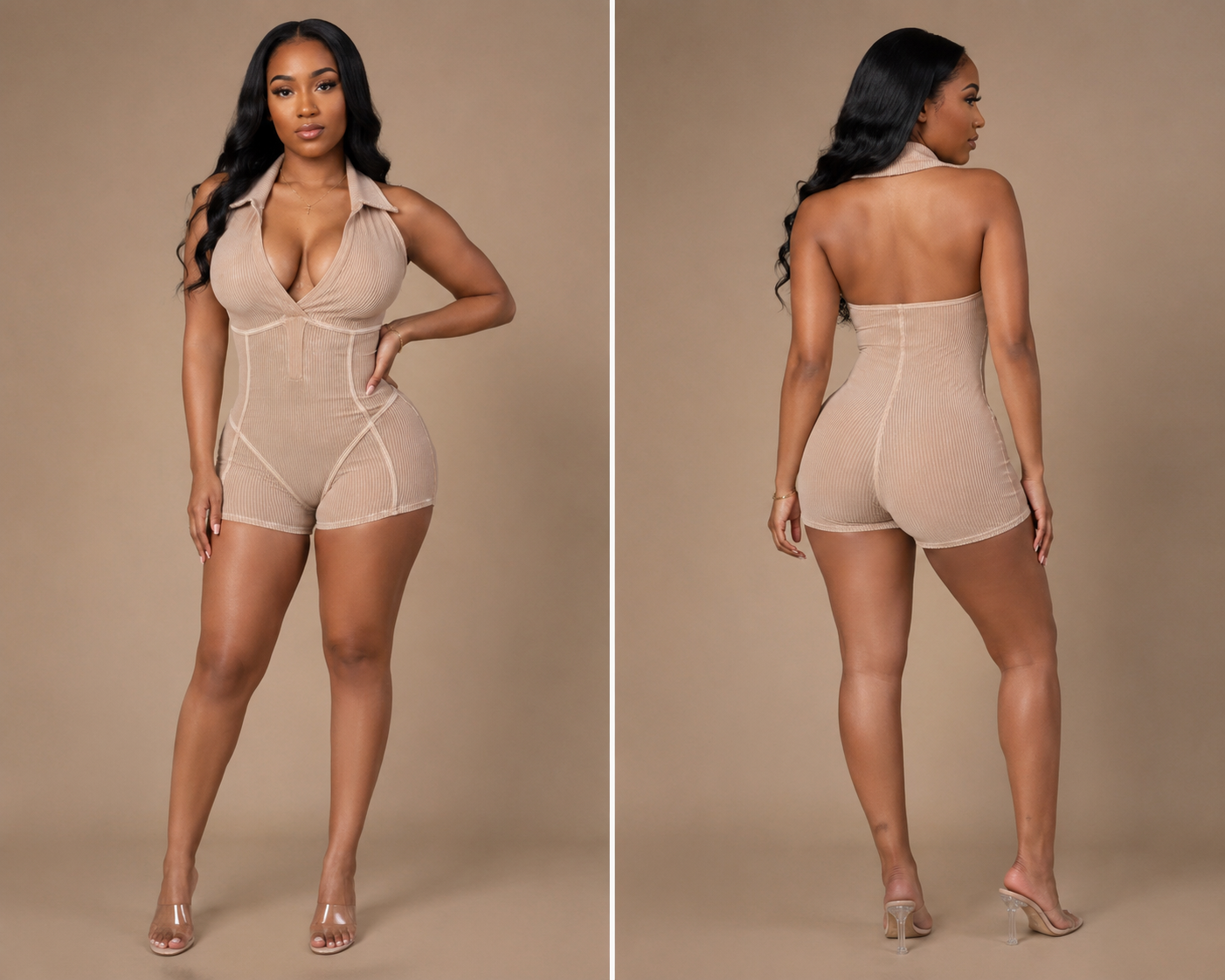 Tan Mineral Wash Halter Ribbed Romper