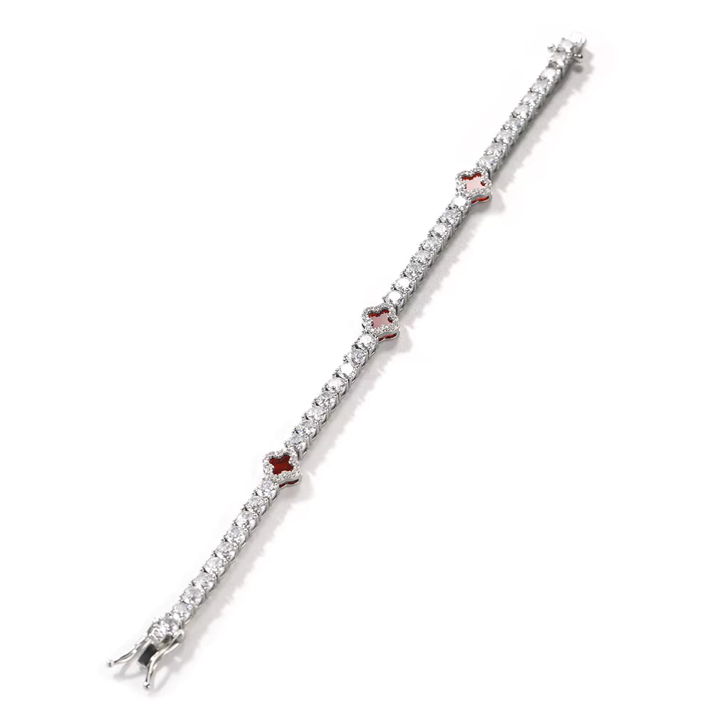Silver Red Small Clover Tennis Bracelet