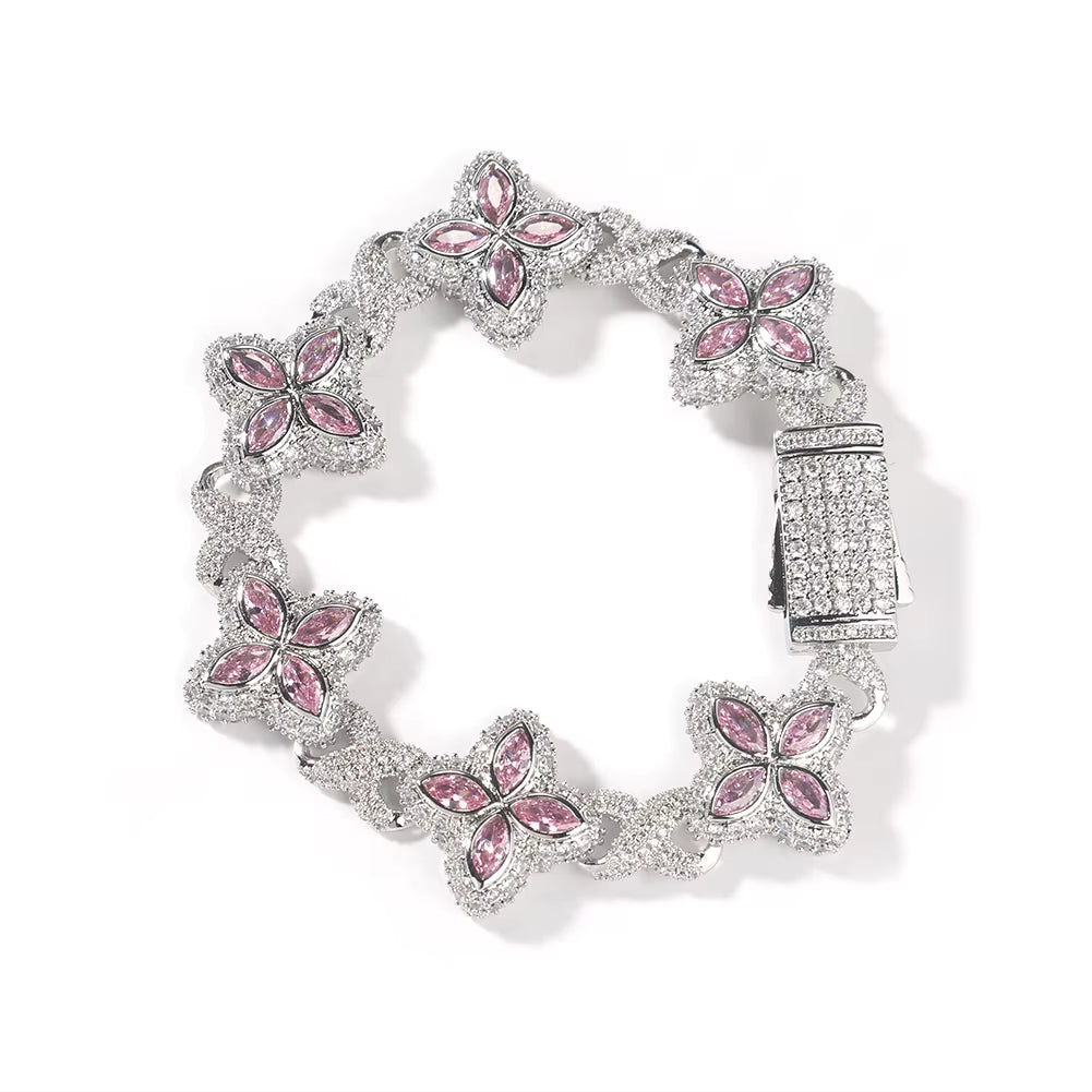 Silver Pink Flower Crystal Bracelet