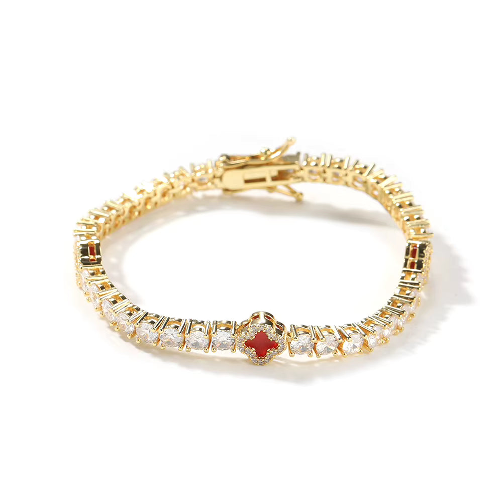 Gold Red Small Clover Tennis Bracelet