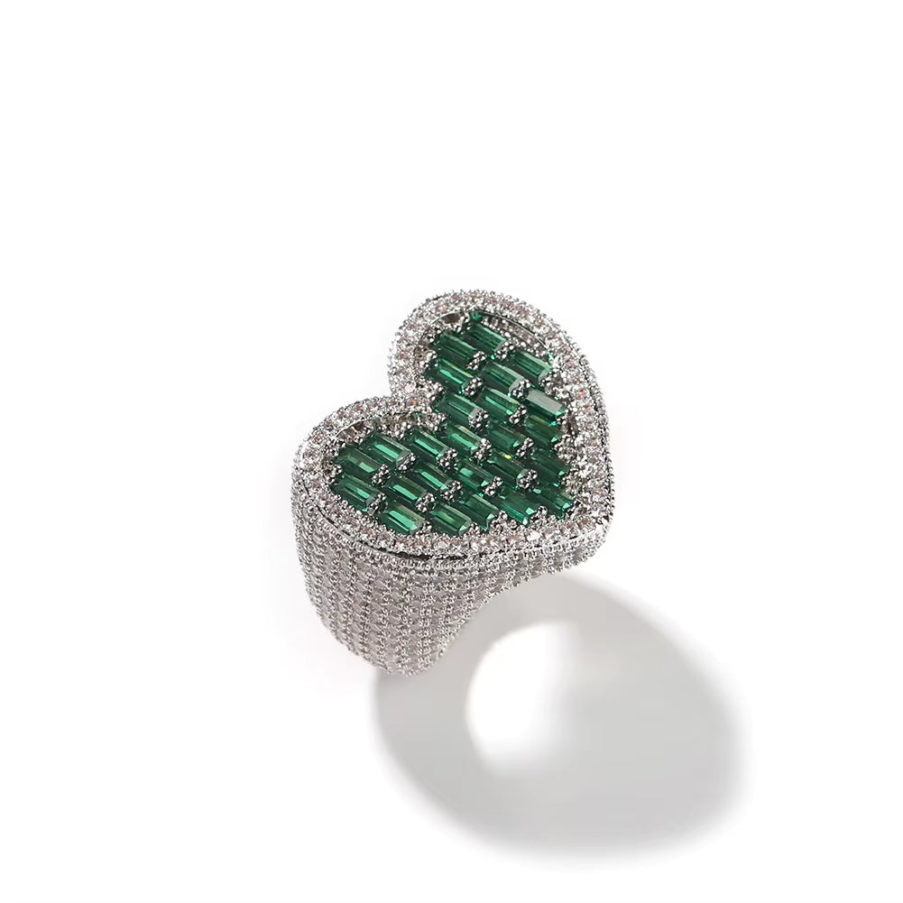 Silver Green Heart Baguette Ring