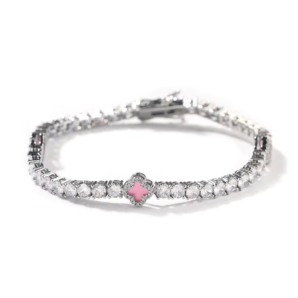 Silver Pink Small Clover Tennis Bracelet