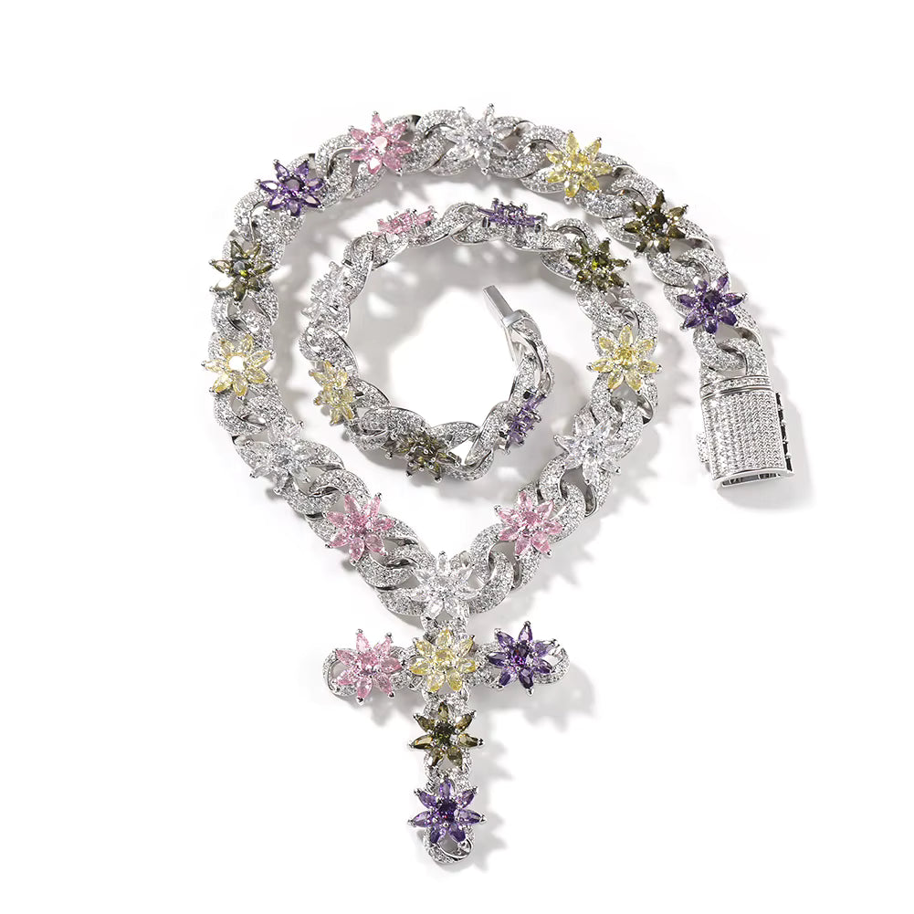 Silver Multicolor Flower Cross Necklace