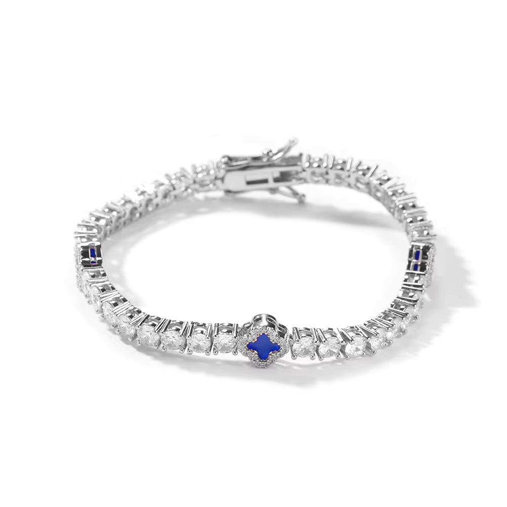 Silver Blue Small Clover Tennis Bracelet
