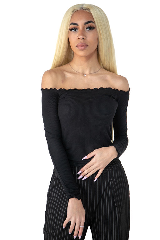 Black Long Sleeve Off Shoulder Ribbed Blouse
