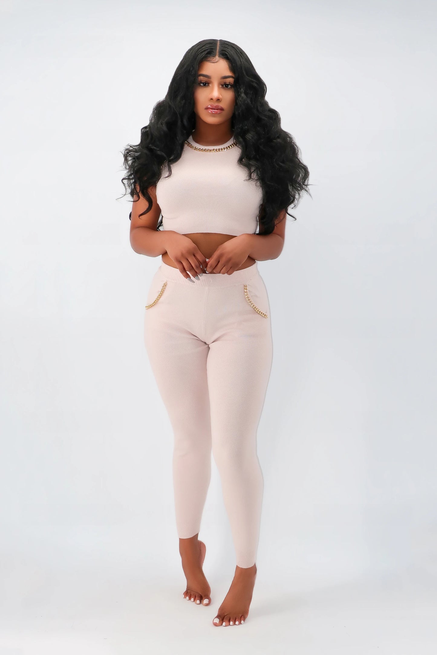 Cream Cuban Chain Sweater Pants Set