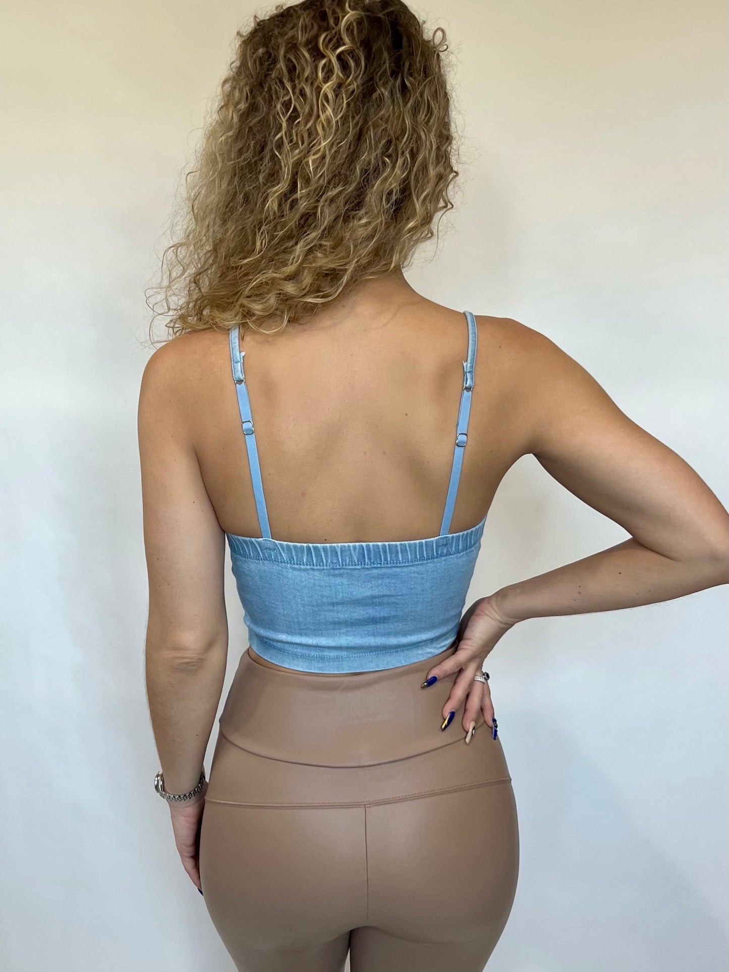 Light Blue Denim Crystal Lattice Crop Top