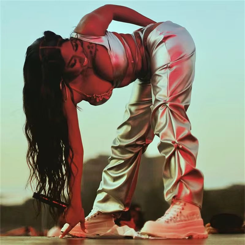 Silver Vegan Leather Runched Pants