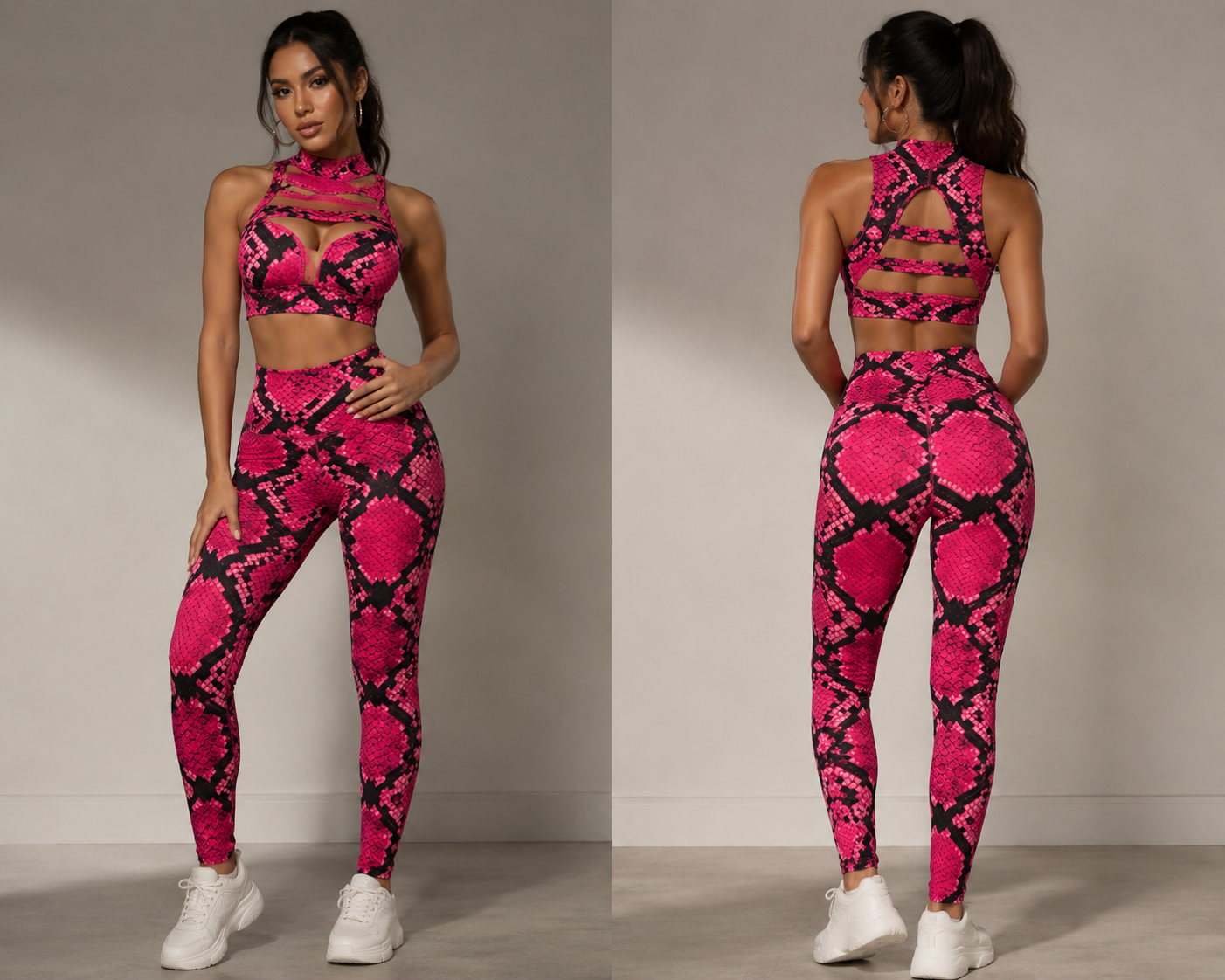 Pink Snake mesh crop workout set