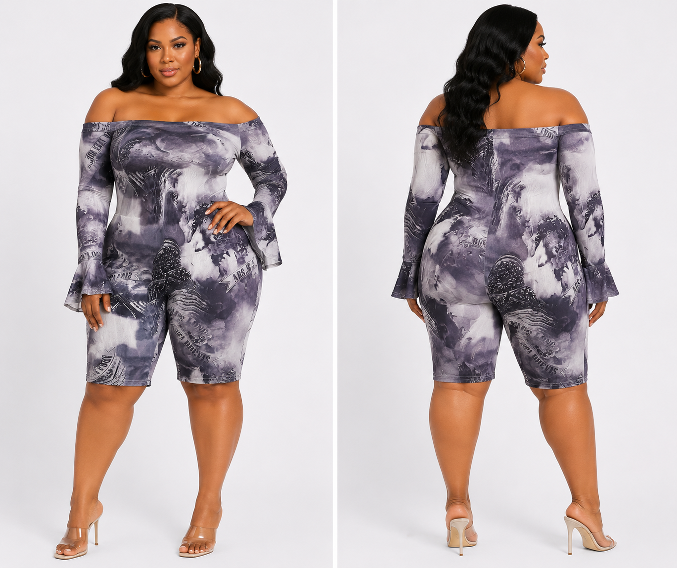 Plus Size Off-Shoulder Mesh Romper in Gray & White