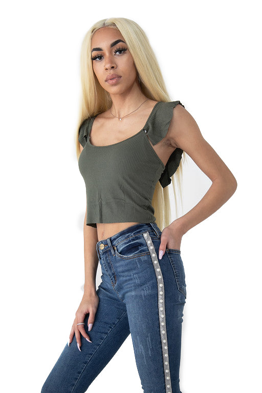 Olive Cut Short Sleeve Crop Top