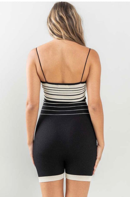 Black Striped Ribbed Romper