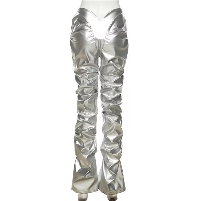 Silver Vegan Leather Runched Pants