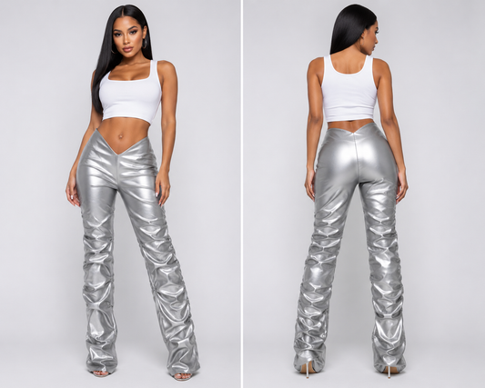 Silver Vegan Leather Runched Pants