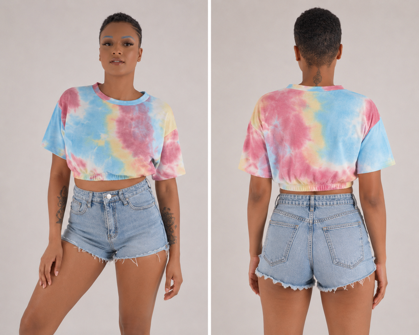 Blue Pink Tie Dye smocked Crop Tee