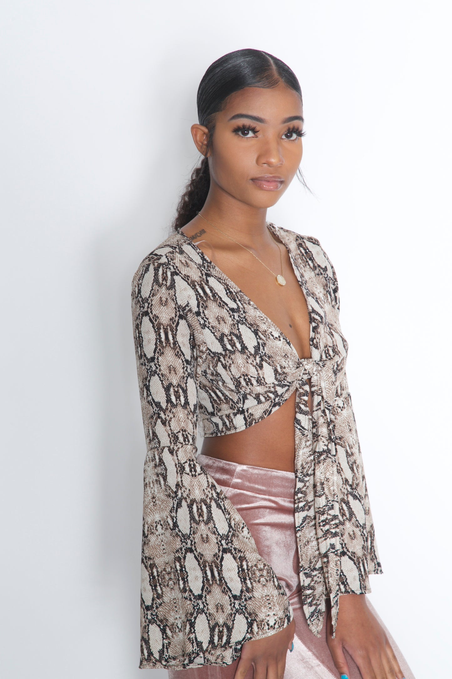 Snake Front Tie Chiffon Blouse