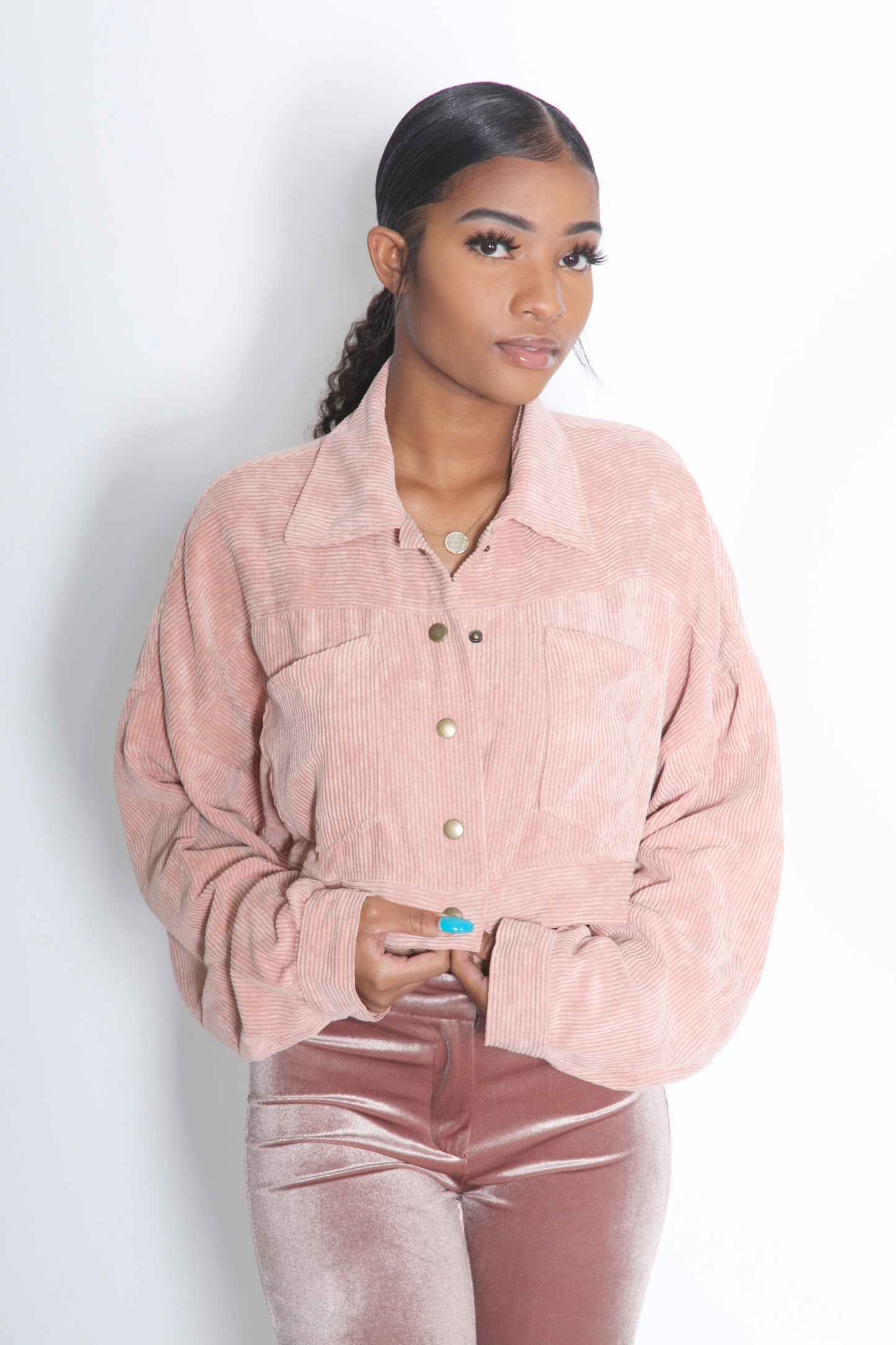 Pink Corduroy Oversize Crop Jacket