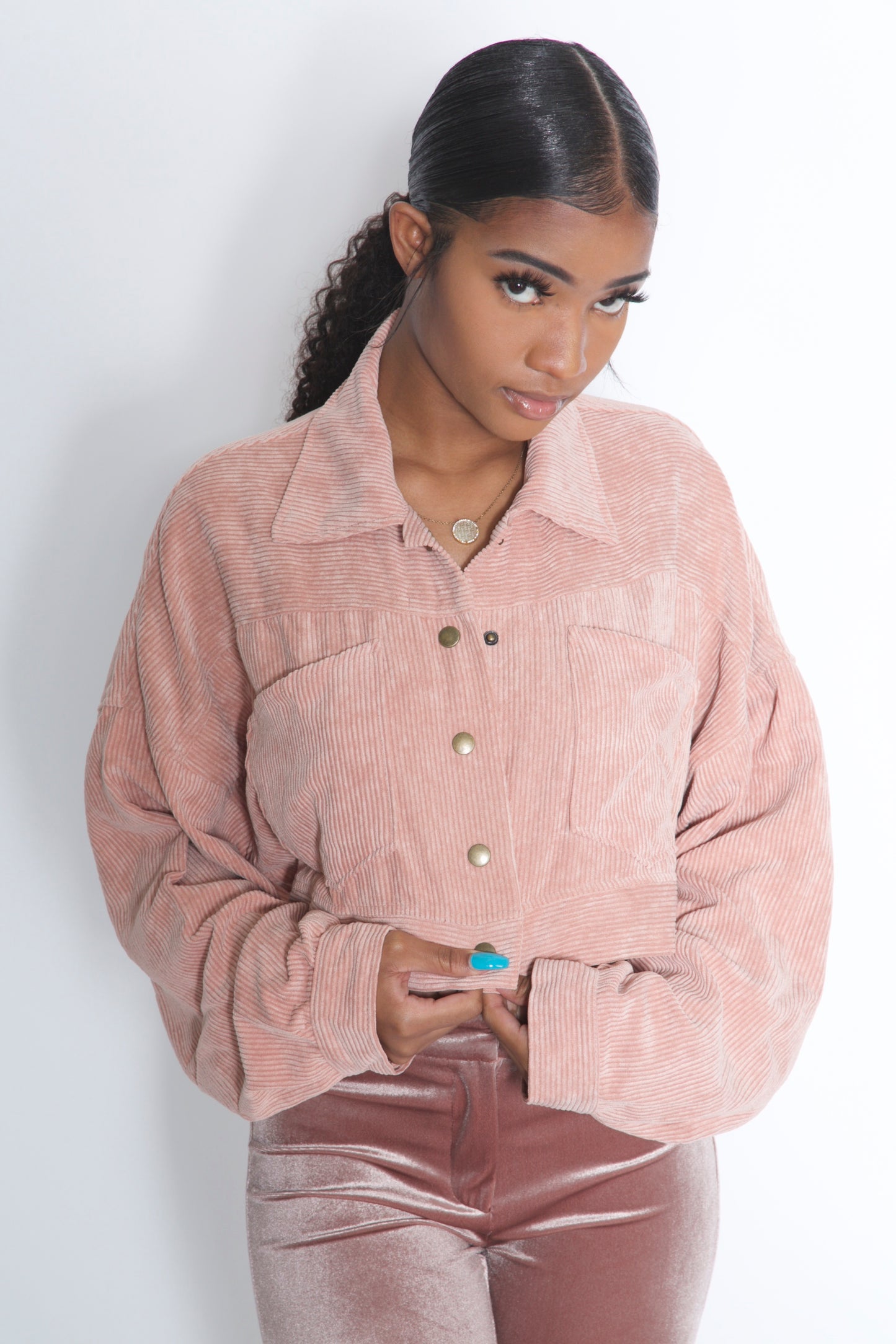 Pink Corduroy Oversize Crop Jacket
