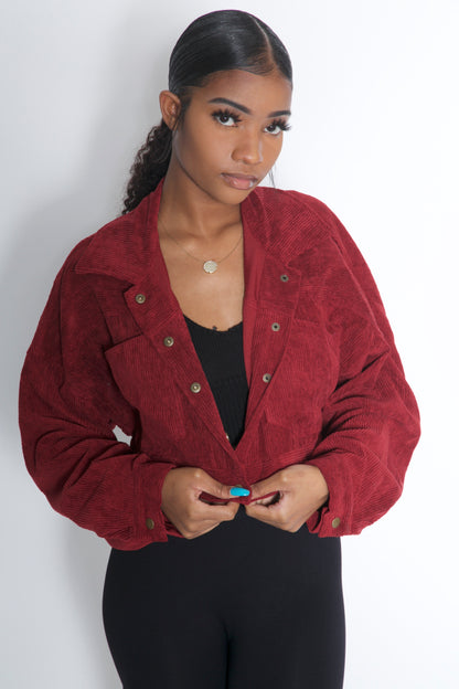 Wine Corduroy Oversize Crop Jacket