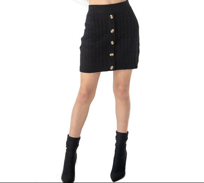 Black Knit Ribbed Button Skirt