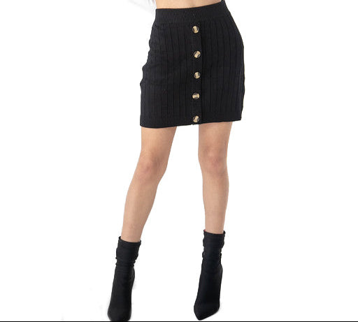 Black Knit Ribbed Button Skirt