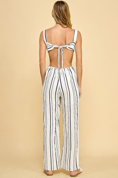 Striped Cutout Wide-Leg Jumpsuit - White/Navy