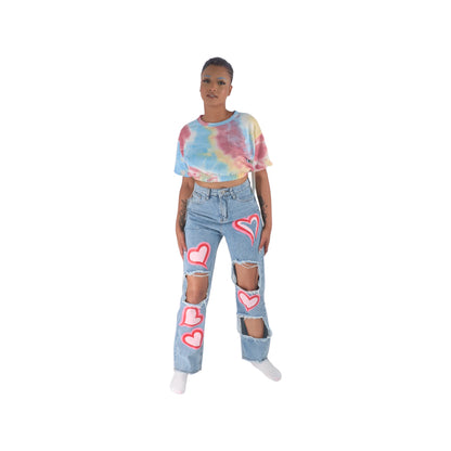 Blue Pink Tie Dye smocked Crop Tee
