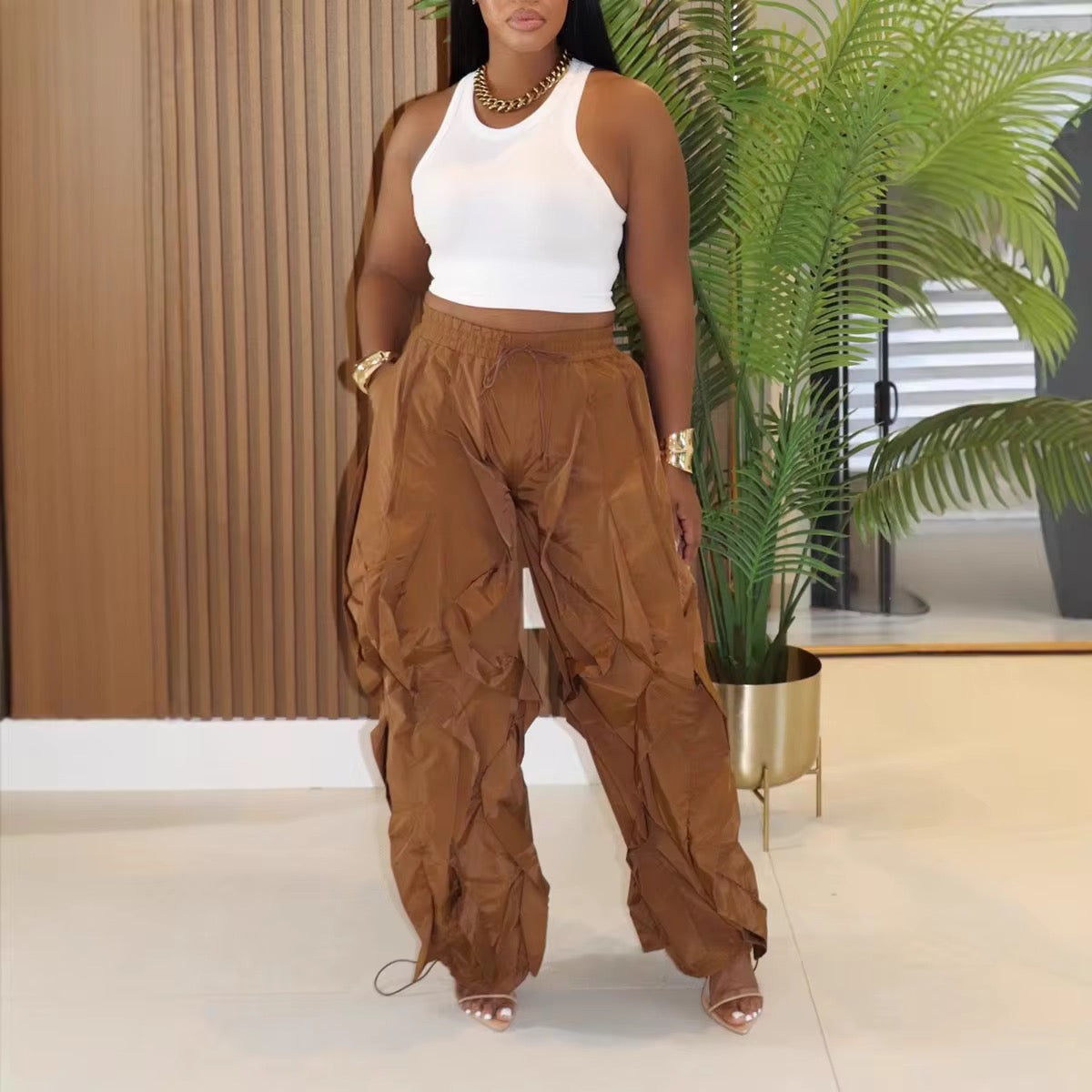 Brown drawstring ruffle Pants