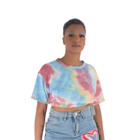 Blue Pink Tie Dye smocked Crop Tee