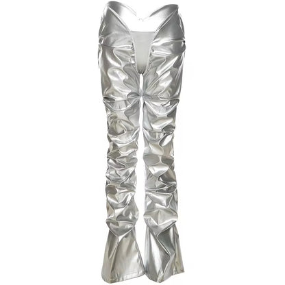 Silver Vegan Leather Runched Pants