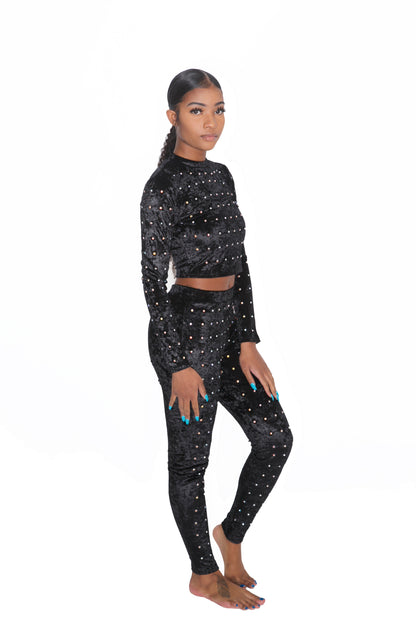 Black Studded Crushed Velvet Two Piece Set