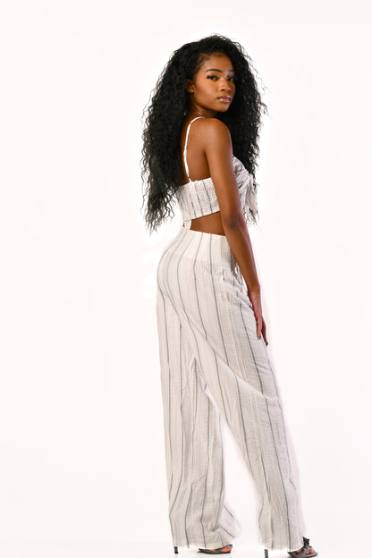 White Striped Two Piece Crop Pants Set