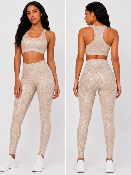 Glossy Tan Leopard crop workout set
