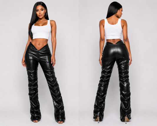 Black Vegan Leather Runched Pants