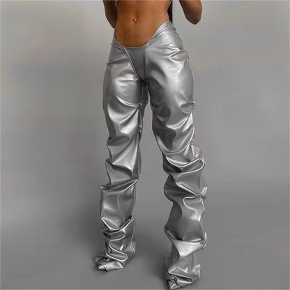 Silver Vegan Leather Runched Pants