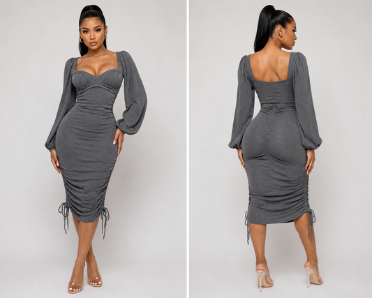 Grey Peplum Long sleeve Runch Dress